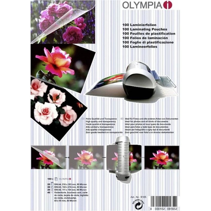 Olympia Σετ Δίφυλλο Πλαστικοποίησης Α4 Α5 Α6 και Επαγγελματικές Κάρτες 80 microns 100τμχ 9165