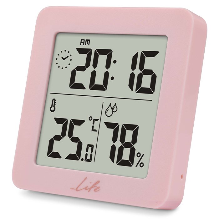 LIFE Ψηφιακό θερμόμετρο και υγρόμετρο εσωτερικού χώρου με ρολόι, σε ροζ απόχρωση. LIFE PRINCESS