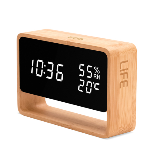 LIFE Bamboo ψηφιακό θερμόμετρο / υγρόμετρο εσωτερικού χώρου με ρολόι, ξυπνητήρι και φωτάκι νυκτός. LIFE FOS