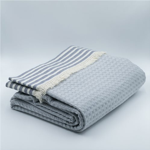White Fabric Κουβέρτα Stripy Μπλε Υπέρδιπλη
