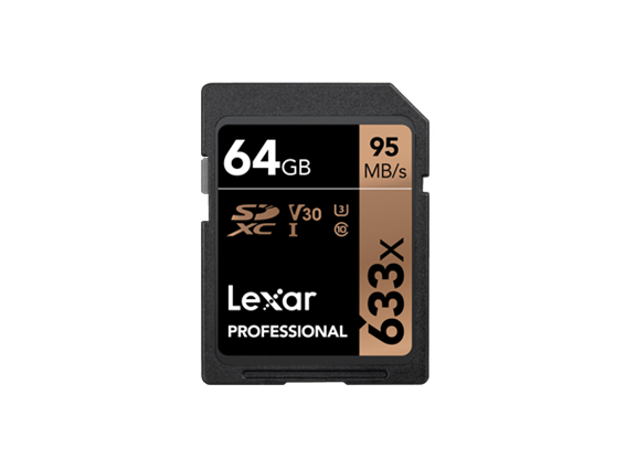 Lexar® 64GB Professional 633x SDHC™/SDXC™ UHS-I cards,  up to 95MB/s read 45MB/s write