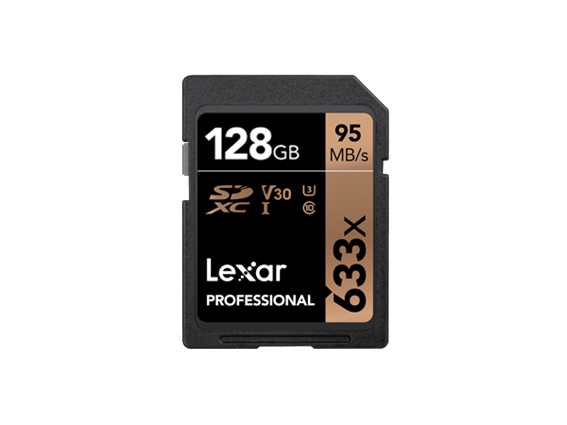 128GB Lexar® Professional 633x SDHC™/SDXC™ UHS-I cards, up to 95MB/s read 45MB/s write