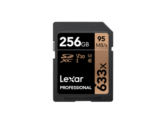 256GB Lexar® Professional 633x SDHC™/SDXC™ UHS-I cards, up to 95MB/s read 45MB/s write
