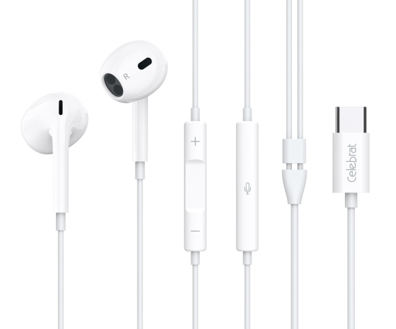 CELEBRAT earphones με μικρόφωνο E400 USB-C σύνδεση Φ14mm 1.2m λευκά