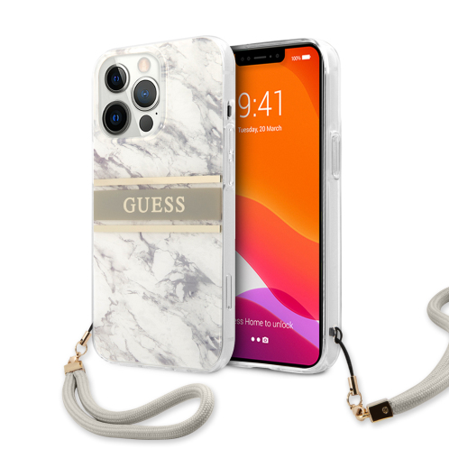Guess "Marble Collection"  Θήκη με όψη μαρμάρου και κορδονάκι χειρός – iPhone 13 Pro (Γκρι/Λευκό)