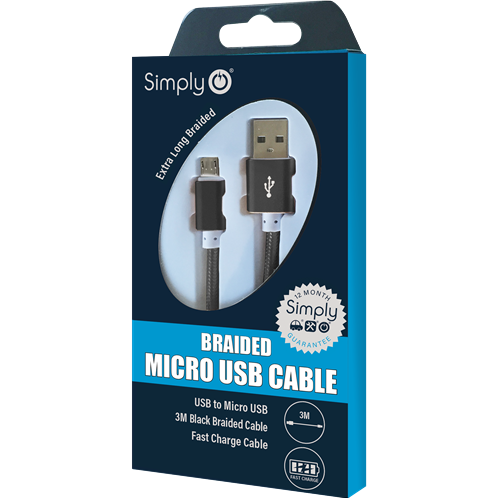 Simply Καλώδιο Data USB to Micro USB 3m Πλεκτό Μαύρο