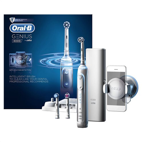 Oral-B Ηλεκτρική Οδοντόβουρτσα Smart Επαναφορτιζόμενη Bluetooth με Παλμική Κίνηση, Χρονομετρητή και Αισθητήρα Πίεσης Genius 8000 3 Κεφαλές 5 προγράμματα Smart Ring και Θήκη Ταξιδιού