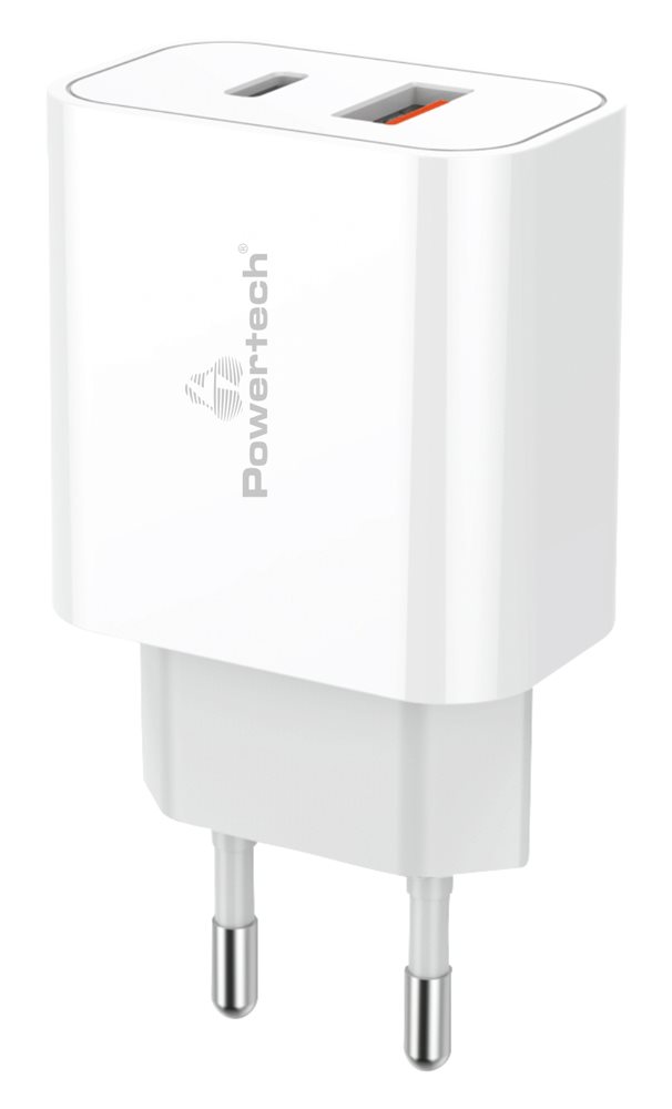 POWERTECH φορτιστής τοίχου PT-977 USB & USB-C PD QC3.0 20W λευκός