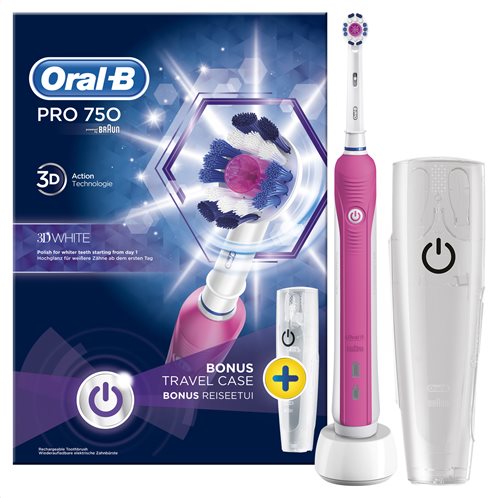 Oral-B Ηλεκτρική Οδοντόβουρτσα Επαναφορτιζόμενη με  Παλμική Κίνηση, Χρονομετρητή και Αισθητήρα Πίεσης Pro 750 3D White και Θήκη Ταξιδιού