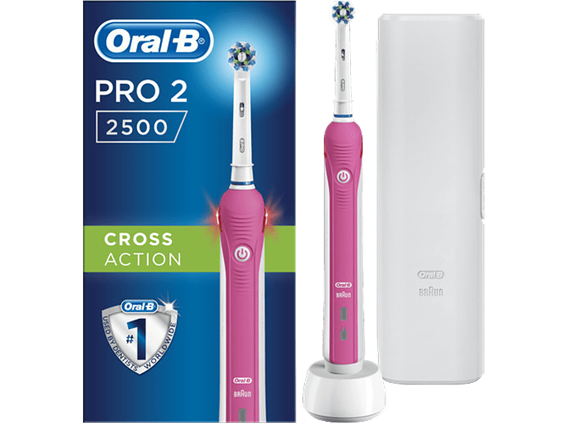 Oral-B Ηλεκτρική Οδοντόβουρτσα Επαναφορτιζόμενη με Αισθητήρα Πίεσης Pink Pro 2 2500 Cross Action και Θήκη Ταξιδιού