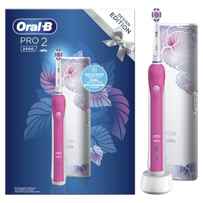 Oral-B Ηλεκτρική Οδοντόβουρτσα Επαναφορτιζόμενη με Χρονομετρητή και Αισθητήρα Πίεσης Pink Pro 2 2500 Design Edition και Θήκη Ταξιδιού