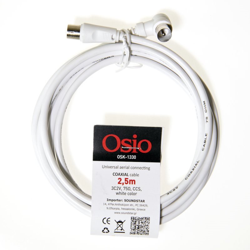 Osio Ομοαξονικό Kαλώδιο Kεραίας Αρσενικό Σε Γωνιακό Αρσενικό Με Θηλυκό Αντάπτορα OSK-1330 2.5m 75Ω