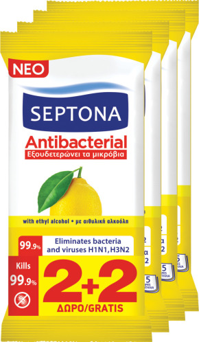 Septona Antibacterial Αντισηπτικά Μαντηλάκια Χεριών με Άρωμα Λεμόνι 2 & 2 Δώρο 4x15τμχ