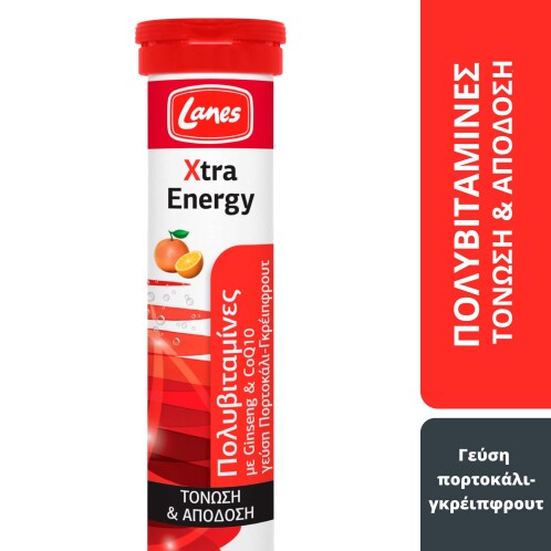 Lanes Xtra Energy - Αναβράζουσα πολυβιταμίνη για ενέργεια & τόνωση με γεύση πορτοκάλι-γκρεϊπφρουτ